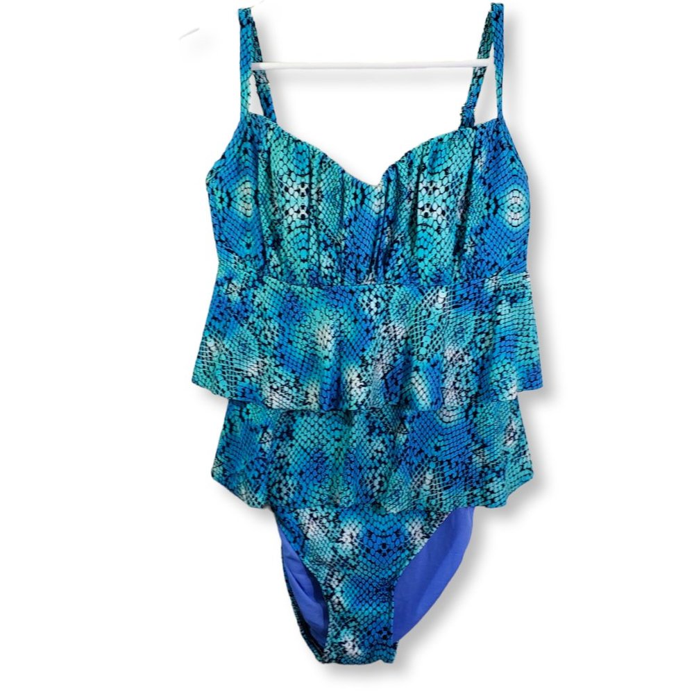 New Sunsets Size 34DD Blue Snakeskin Print One Piece Ruffle Swimsuit